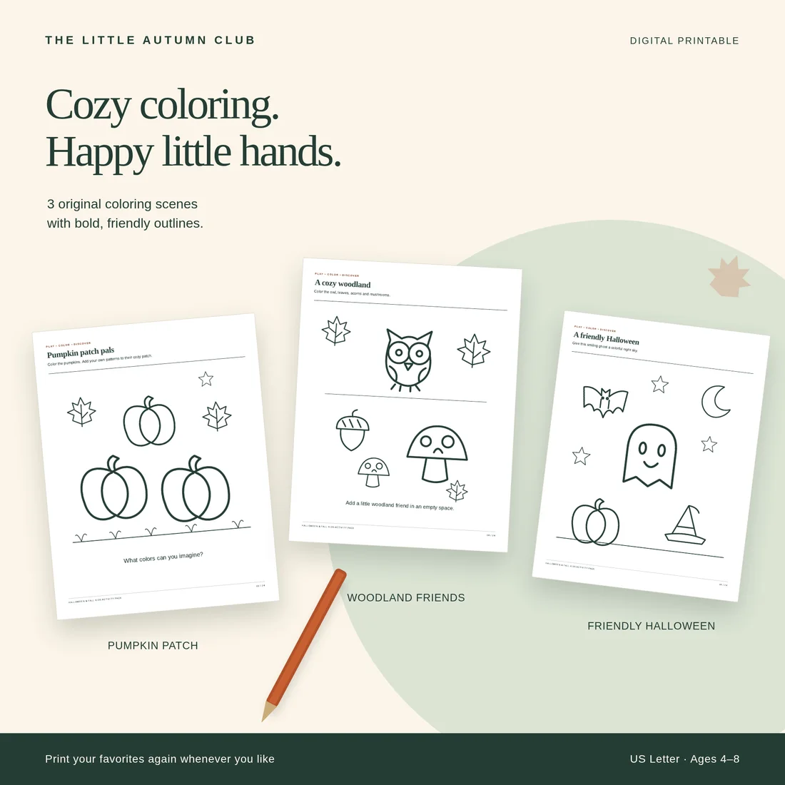 Three coloring pages: pumpkin patch, woodland friends and a friendly Halloween ghost