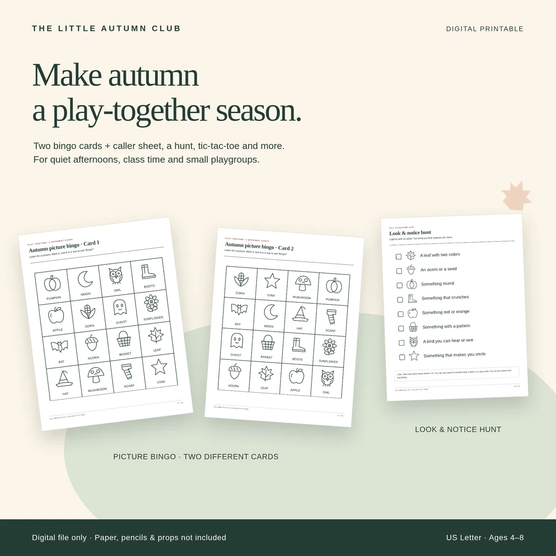Play-together pages: bingo cards, caller sheet, nature hunt and certificate